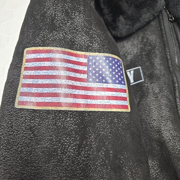 Shein Mens US Army Veteran Faux Fur Lapel Flight Jacket Sz L Black Military - Picture 9 of 11